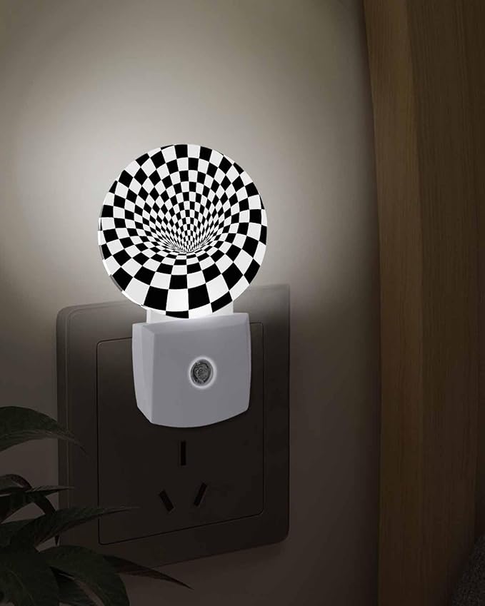 Night Lights Auto Sensor Black White Checker Night Light 3D Abstract Mosaic Tiles Round Lamp Plug-in LED Nightlights Dusk to Dawn for Living Room Bedroom Bathroom Hallway Wall Decor