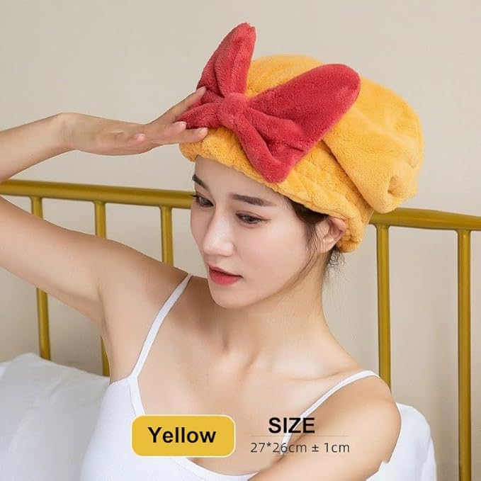 Microfiber Hair Drying Cap,Ultra Absorbent Hair Towel Wrap Turban for Girls Women Soft Quick Dry Hair Towels with Bow Tie Shower Cap for Kids (Yellow)