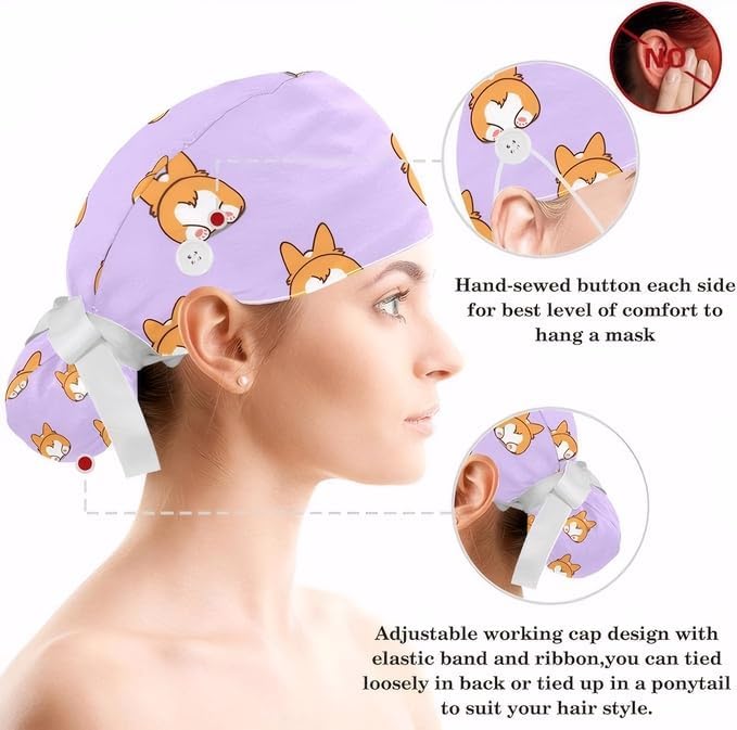 Adjustable Brown Dachshund Dog Blue Surgical Scrub Cap with Button,Sweatband for Women with Bow Hair Scrunchy