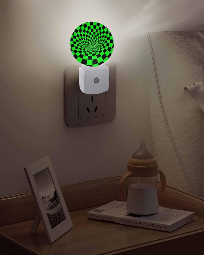 Night Lights Auto Sensor Green Black Checker Night Light 3D Abstract Mosaic Tiles Round Lamp Plug-in LED Nightlights Dusk to Dawn for Living Room Bedroom Bathroom Hallway Wall Decor