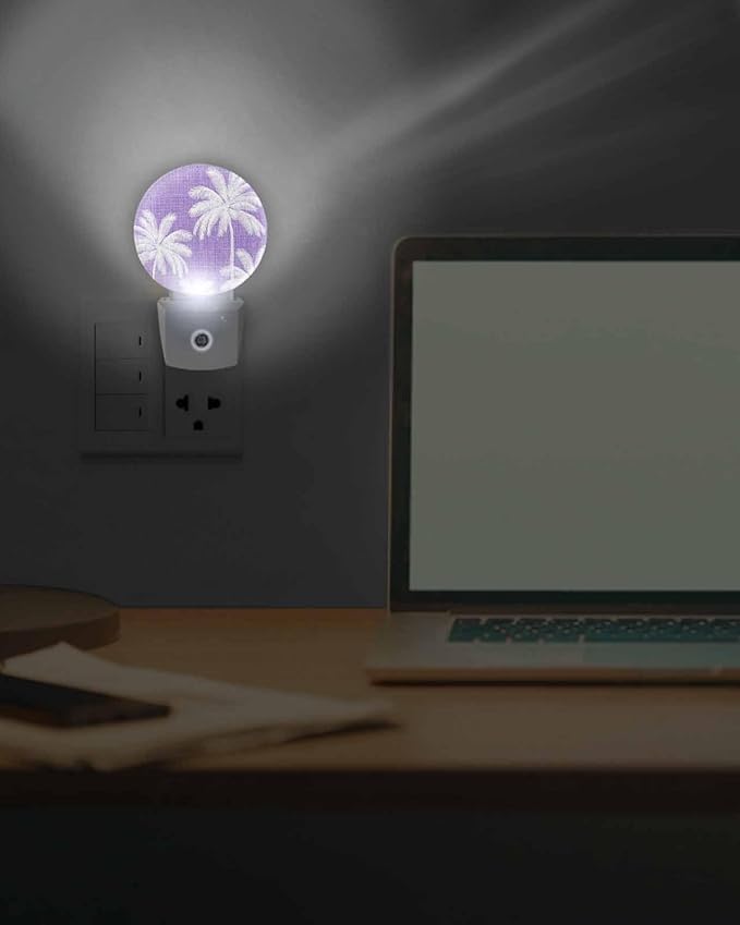 Night Lights Auto Sensor Tropical Palm Trees Night Light Purple Linen Coastal Round Lamp Plug-in LED Nightlights Dusk to Dawn for Living Room Bedroom Bathroom Hallway Wall Decor