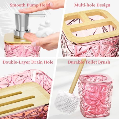 Bathroom Accessory Set, 9-Piece Pink Bathroom Set with Trash Can, Toilet Brush, Soap Dispenser, Soap Dish, Toothbrush Holder, Tumbler, Q-tip Holders & Tray, for Hotel/Apartment, Housewarming Gift - Image 5
