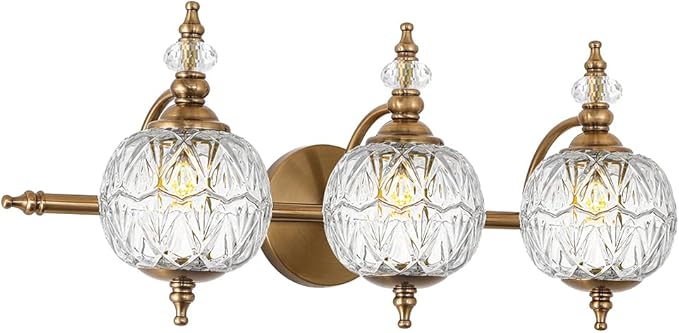 Brushed Antique Brass Bathroom Vanity Light Fixture Vintage Style - 3 Light G9 Bulb Compatible, 23" Wide Bathroom Lighting Over Mirror with Hand-Etched Glass Shades, Easy Mount for Makeup Area