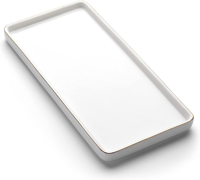 Gurygo 10" Bathroom Tray, Ceramic Vanity Trays for Bathroom, Small Ceramic Tray, Kitchen Soap Trays for Kitchen Counter (White with Gold-Edged, 10",Set/1)