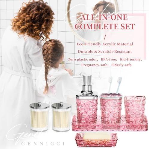 Bathroom Accessory Set, 9-Piece Pink Bathroom Set with Trash Can, Toilet Brush, Soap Dispenser, Soap Dish, Toothbrush Holder, Tumbler, Q-tip Holders & Tray, for Hotel/Apartment, Housewarming Gift - Image 7