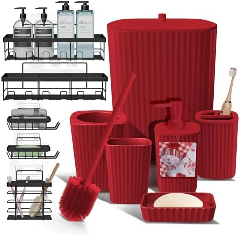 Clara Clark Bathroom Set - Christmas Bathroom Accessories Set, 11PC Bathroom Accessory Set, Christmas Bathroom Sets with Adhesive Corner Shower Caddy Hanging, Toilet Brush, Trash Can & Soap Dispenser by ClaraClark