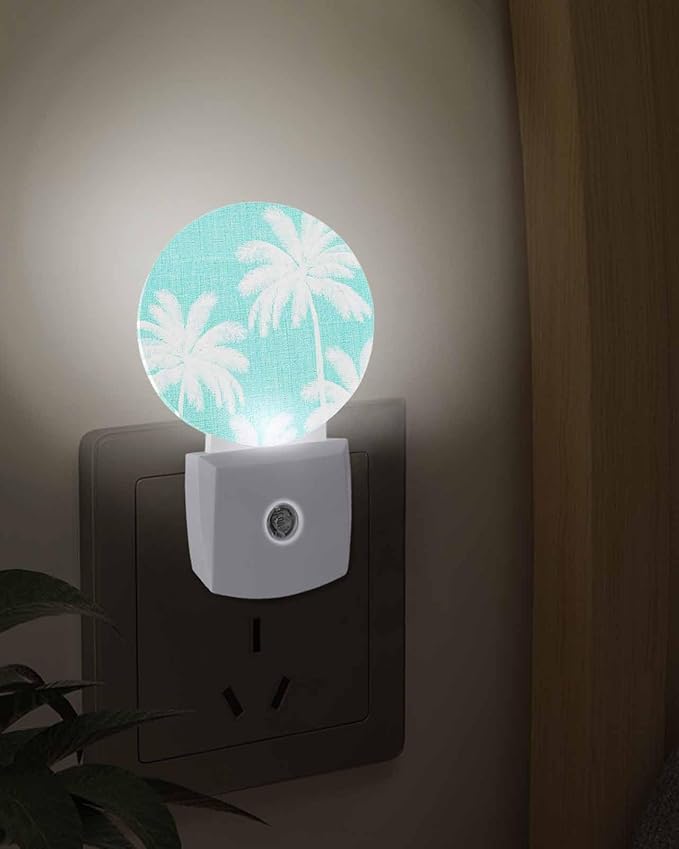 Night Lights Auto Sensor Tropical Palm Trees Night Light Teal Linen Coastal Round Lamp Plug-in LED Nightlights Dusk to Dawn for Living Room Bedroom Bathroom Hallway Wall Decor