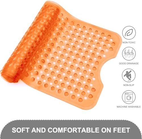 TEESHLY Bath Tub Shower Mat, Non Slip Bathtub Floor Liner Mats with Suction Cups and Drain Holes, Machine Washable Bathmat for Bathroom Floor Safety, 40 x 16 Inch, Clear Orange - Image 4