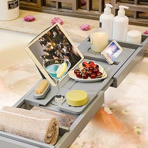 Bath Caddy Tray for Bathtub - Bamboo Adjustable Organizer Tray for Bathroom with Soap Dish Suitable for Luxury Spa or Reading(Bluish Grey) - Image 4