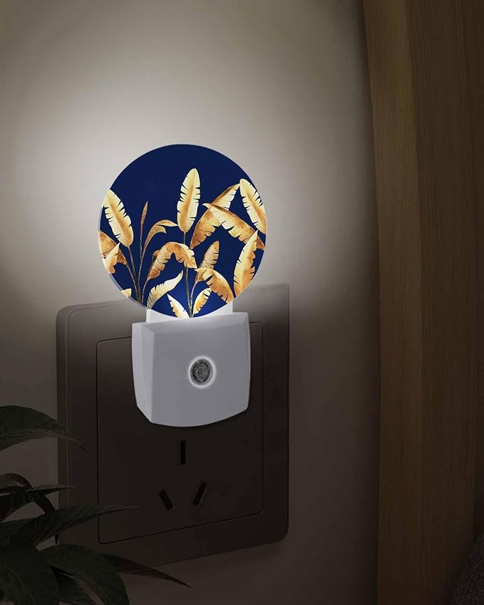 Night Lights Auto Sensor Golden Foliage Night Light Navy Blue Minimalist Leaf Round Lamp Plug-in LED Nightlights Dusk to Dawn for Living Room Bedroom Bathroom Hallway Wall Decor