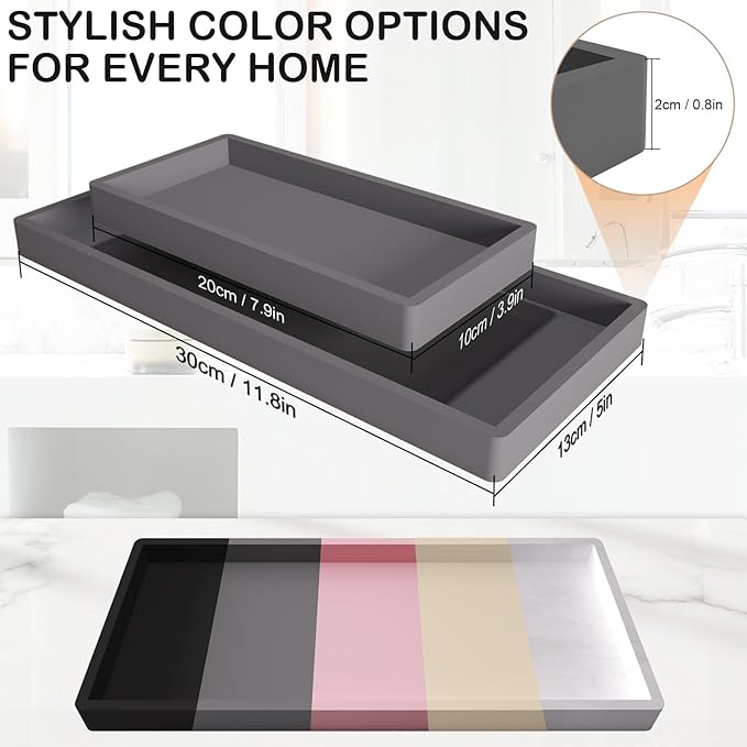 Bathroom Vanity Tray, Silicone 11.8 x 5 Inch Bathroom Counter Tray Decor, Extra-Large Bathroom Trays Holders and Organizers for Toilet Top, Dresser, Waterproof Decorative Tray, Grey