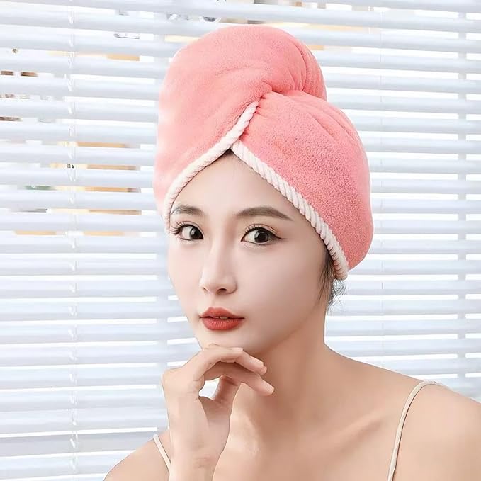 Microfiber Hair Towel, Hair Towel wrap for Women,Hair wrap Towels,Hair Turbans for Women Wet Hair, wrap for Kids (Pink and White) 1pcs