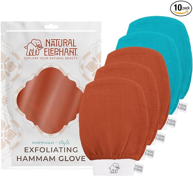 Natural Elephant Exfoliating Hammam Glove - Face and Body Exfoliator Mitt 5 and 10 Packs (3 Orange, 2 Teal (Pack of 5))