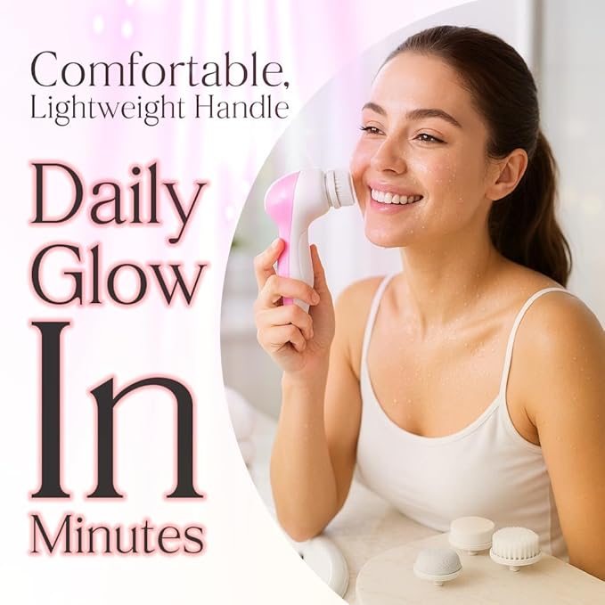 Facial Cleansing Brush Face Scrubber, 7-in-1 Electric Spin Cleanser Brushes with 6 Brush Heads for Deep Cleansing, Gentle Exfoliating, Removing Blackheads, Massaging (White & Pink)