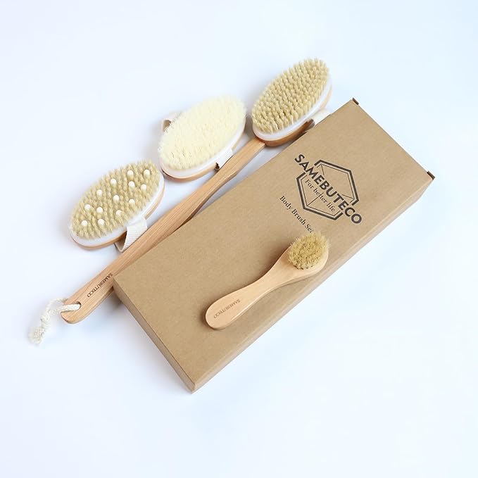 SAMEBUTECO Dry Brushing Body Brush Set with Long Handle, Natural Boar Bristle Body & Face Brush, Wooden Detachable Scrub Brush, 3 Brush Heads for Exfoliating & Body Care