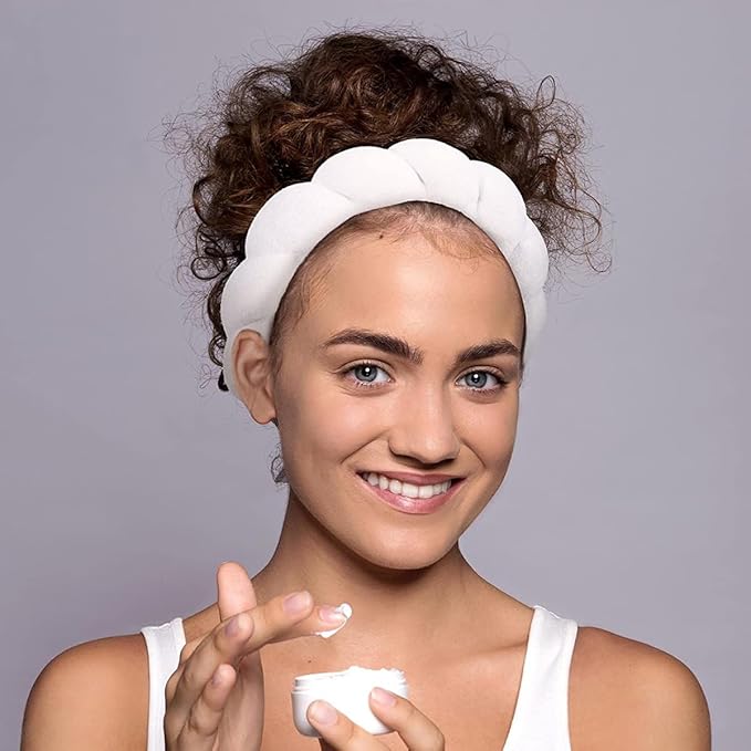Spa Headbands for Washing Face or Facial, Makeup Headband for Women, Skincare Hair band, Puffy Terry Cloth Face Washing Head band for Maskup, Skin Treatment(White)