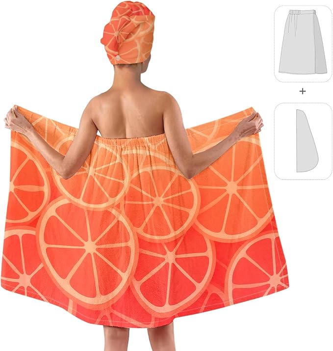 Women’s Citrus Towel Wrap and Hair Turban Set – Orange Fruit Bath Wrap Skirt with Quick Dry Hair Cap – Microfiber Spa Wrap for Girls, Women, Dorm, Travel, Gifts (Citrus 1)