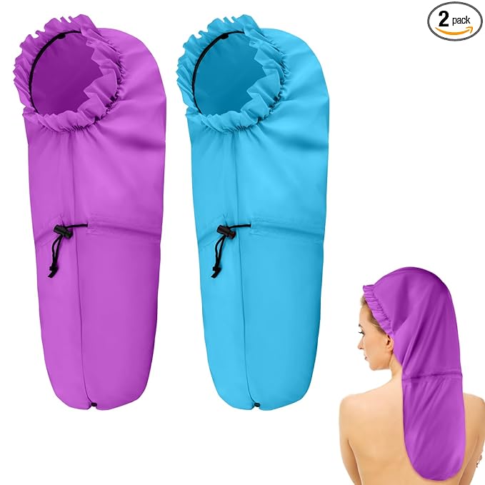 2 Pcs Large Shower Cap for Braids, Extra Long Shower Cap for Women Long Hair & Locs, Waterproof Hair Bonnets for Dreadlocks Drawstring Bath Caps for Women & Men (Blue, Purple)