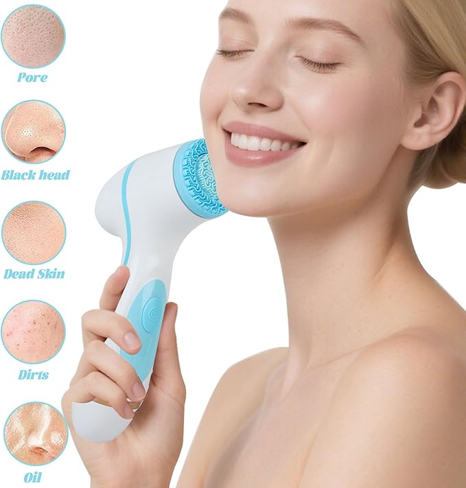 Facial Cleansing Brush, 3in1 Silicone Face Scrubber, Waterproof Facial Scrubber for Deep Cleansing, Rechargeable Face Exfoliation Brush with 2 Adjustable Speeds, Face Spin Brush for Women Men (Blue)