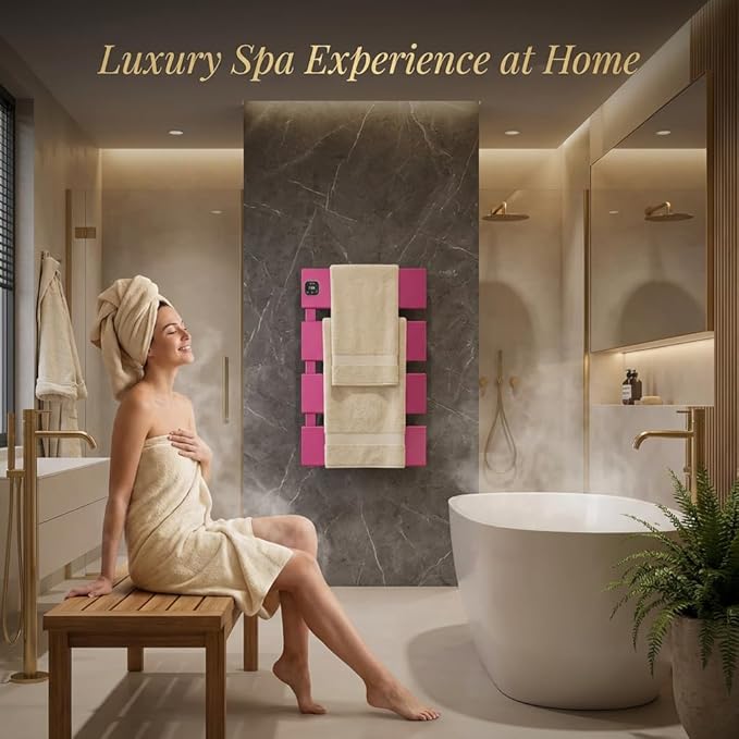 Electric Towel Warmer, Heated Towel Rack with Thermo Control and Timer, Fast Heating Towel Rail for Bathroom with Memroy Function, Work with Smart Plug, Left-Wiring, 3 Panel, Pink