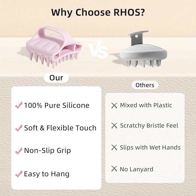 RHOS Shampoo Brush, Soft Silicone Scalp Scrubber, Scalp Massager for Wet & Dry Hair, Curved Vented Hair Scrubber for Dandruff Removal (Pink)