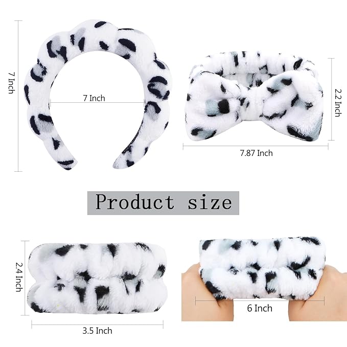 6 Pcs Elastic Microfiber Spa Headband Set for Women - Makeup, Skincare, Face Wash Wristbands, Beauty. (White spots)