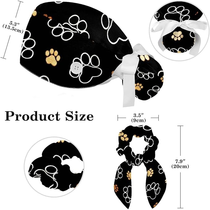 Ethnic Aztec Pattern Adjustable Scrub Cap Hat with Button, Working Hat Sweatband with Bow Hair Scrunchy for Woman