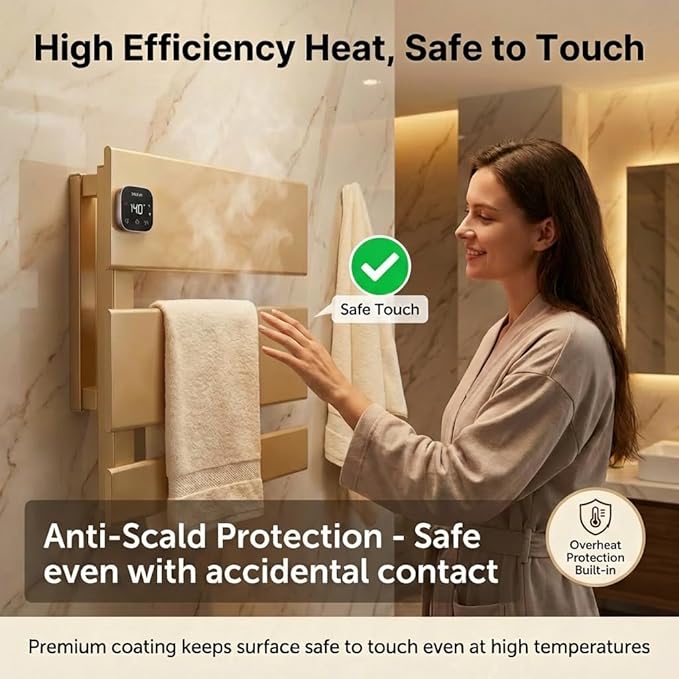 Electric Towel Warmer, Heated Towel Rack with Thermo Control and Timer, Fast Heating Towel Rail for Bathroom with Memroy Function, Work with Smart Plug, Left-Wiring, 3 Panel, Gold