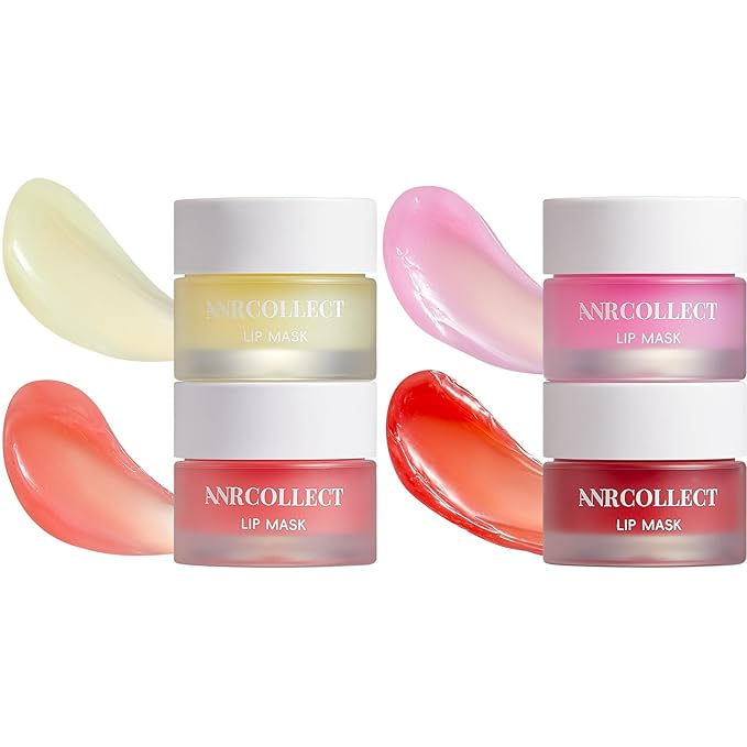 ANRCOLLECT Lip Mask Overnight Set, 4Pcs Lip Care Hydration Treatment Exfoliator Mask Kit, Revives & Nourishes Gift Set for All Day Moisturizing with Collagen & Shea Butter