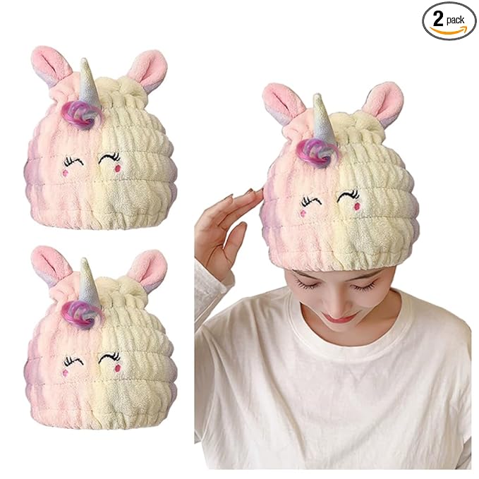 Animal Hair Drying Towel Cap for Kids, 2Pcs Cute Unicorn Microfiber Bath Dry Hair Wrap, Absorbent Quick Girls Boys Hair Drying Towel, Suck Water Hat Headscarf for Wet Hair