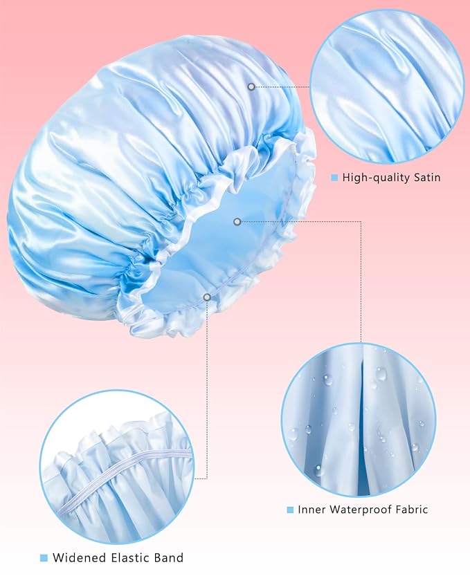 Aquior Shower Caps, Reusable Shower Cap for Women, Double Layer Waterproof Hair Cap, Large Size for All Hair Lengths,for Girls Spa Home Salon Use (Blue Cloud)