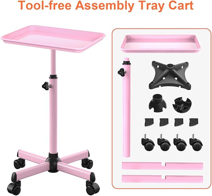 Salon Tray Cart Tattoo Tray Rolling Cart, Service Rolling Tray, Height Adjustable Styling Tray, Storage Tray Trolley for Beauty Salon Clinic Spa (Pink)