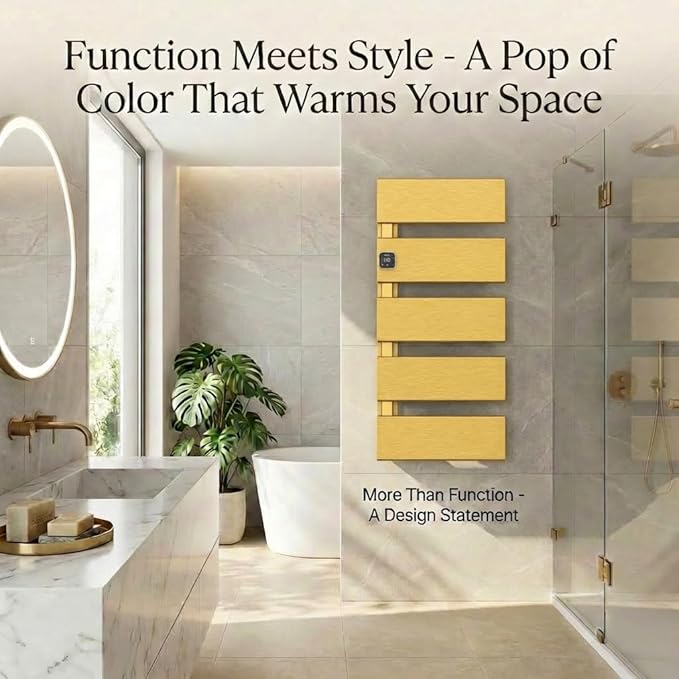 Electric Towel Warmer, Heated Towel Rack with Thermo Control and Timer, Fast Heating Towel Rail for Bathroom with Memroy Function, Work with Smart Plug, Left-Wiring, 5 Panel, Gold