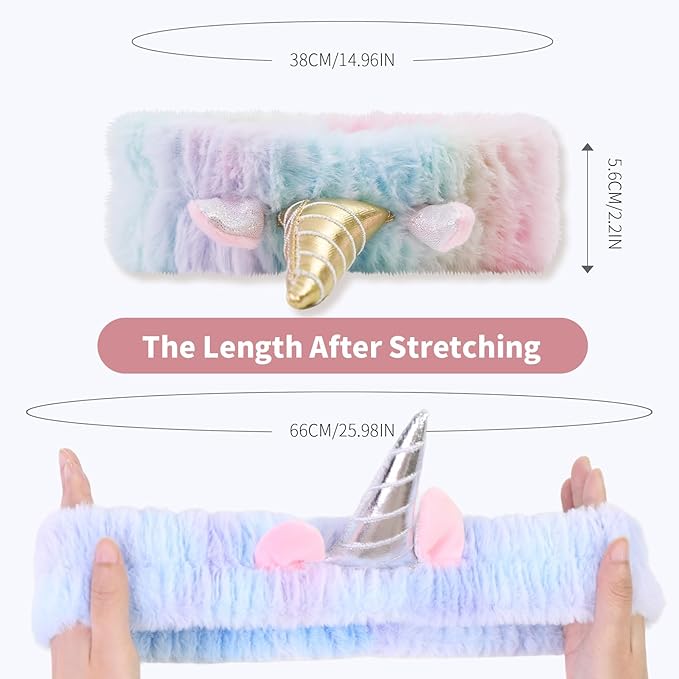 Kawaii Spa Headbands for Women Girls - 2 Pack Cute Soft Fleece Facial Headbands for Makeup, Skincare and Face Washing, Silver+Gold Horn