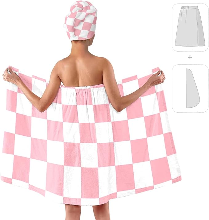 Checkered Bath Wrap Set with Hair Turban, Spa Towel Wrap, Towel Robe for Women