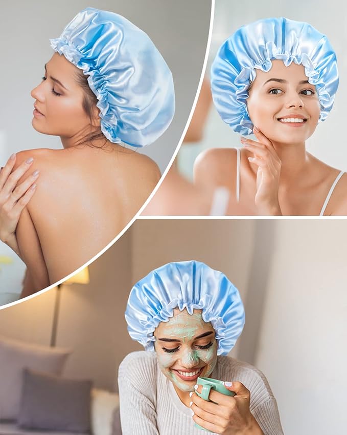Aquior Shower Caps, Reusable Shower Cap for Women, Double Layer Waterproof Hair Cap, Large Size for All Hair Lengths,for Girls Spa Home Salon Use (Blue Cloud)
