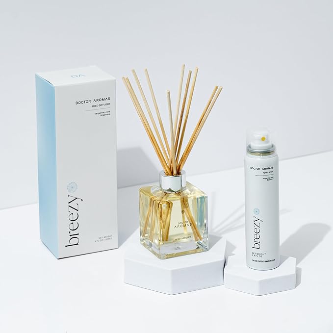 Doctor Aromas Aroma Set Essential Oil Natural Reed Aroma Wood Sticks Diffuser Glass Set – Elegant Scent for Home, Room or Bathroom, Décor, and Fresh Air Fragrance Aromatherapy Gift (Breezy)