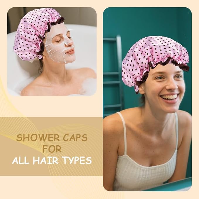 Vintage Polka Dot Shower Cap for Long Short Hair Caps for Shower Reusable Waterproof Double Layer Bath Cap for Women Adjustable Pink Polka Dot Print Bath Caps for Braids Womens Christmas Gift Ideas