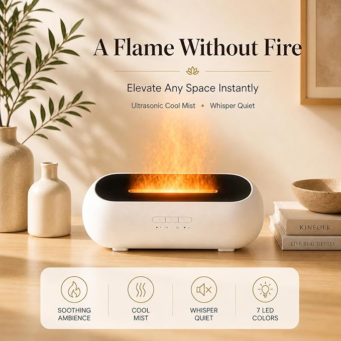 AquaAura Flame Effect Diffuser, 160ml Essential Oil Diffuser with Realistic Flame Mist, 7 LED Colors, Timer & Auto Shut-Off for Bedroom, Home, Office