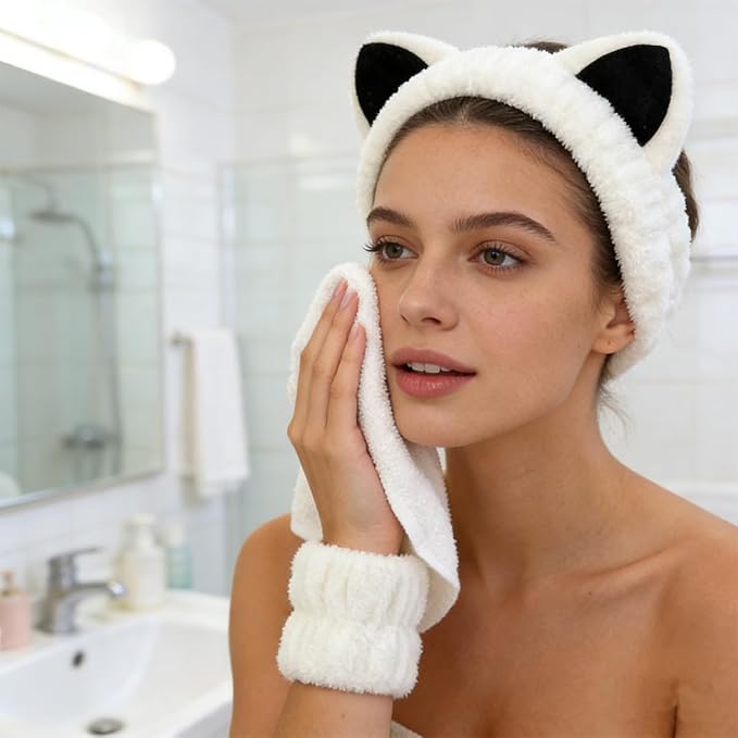 2 Pcs Cat Ears Headband Cute Spa Headband Set Washing Face Makeup Skincare Animal Headbands for Women Trendy Stuff Present Soft Coral Fleece Accessories for Women (1Beige+1Khaki)