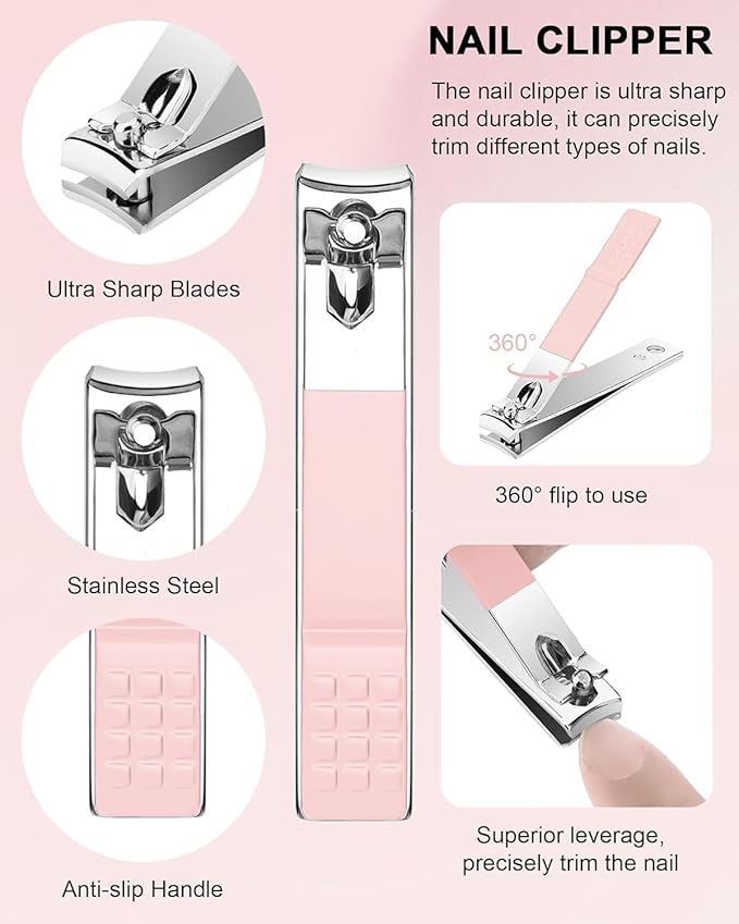 Cuticle Trimmer with Cuticle Pusher and Nail Clipper - 4 PCS Cuticle Cutter Nipper Remover Pedicure Manicure Tools, Professional Stainless Steel Dead Skin Clipper for Fingernails Toenails Pink