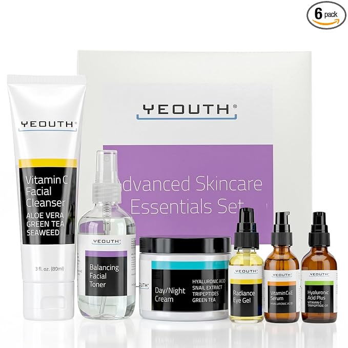 YEOUTH Skin Care Set: Hyaluronic Acid Serum, Vitamin C Serum, Face Cleanser, Toner, Under Eye Gel, Face Cream, 6-Piece Skincare Kit For Women & Men