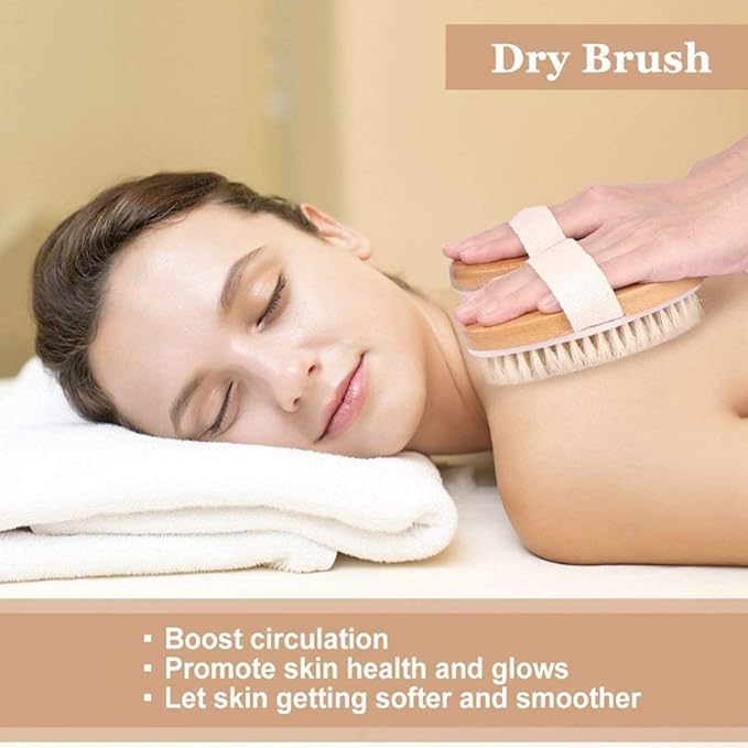 Angel Kiss Dry Brushing Body Brush for Lymphatic Drainage - Natural Bristles Dry Brush to Remove Dry Skin and Improves Blood Circulation, Body Exfoliator Scrubber for Glowing Skin - Medium Firmness