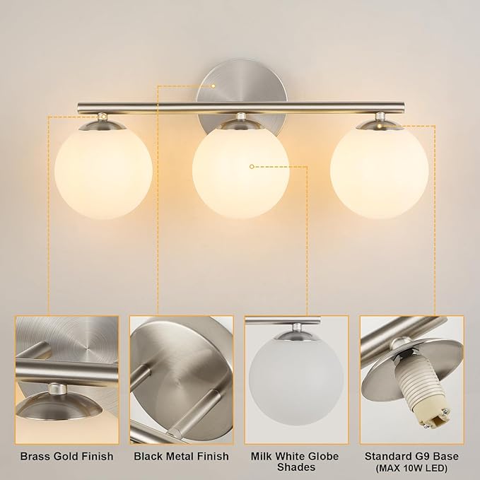 Brushed Nickel Bathroom Light Fixtures 3-Light Globe Vanity Light with Plastic Milk White Globe Shades 11.81 inch Wall Sconce Lighting Over Mirror Vanity Lights for Bathroom Bedroom Hallway