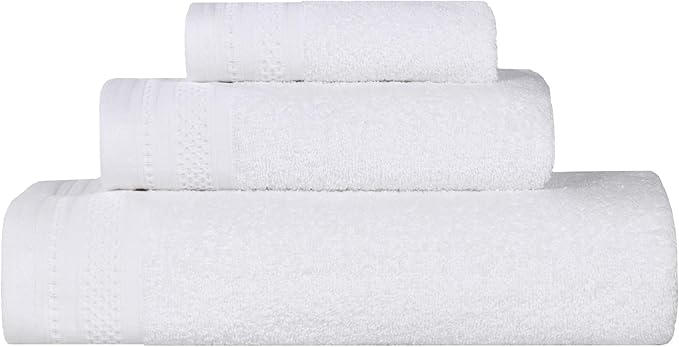 Superior Honeycomb Cotton Medium Weight Towels, for Guest Bath, Master Bathroom, Shower, Quick Dry, Adults, Home Essentials, Textured Waffle Border, Assorted Towel Set, 3 Piece Towel Set, White