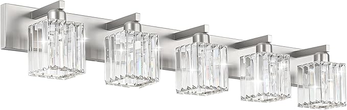 Aipsun Brushed Nickel Bathroom Lighting Fixtures 5 Light Vanity Light Crystal Modern Bathroom Vanity Light (Exclude Bulb)