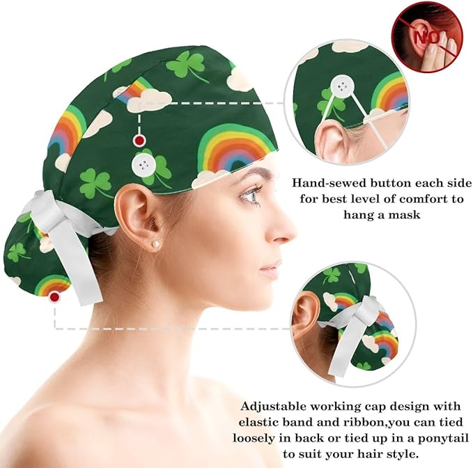 Scrub Caps Women Ponytail Cute Pink and White Leaves Caps Bouffant Working Hat Elastic Tie Back Hats with Button