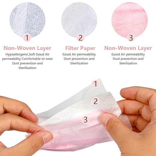 Wecolor 100 Disposable Face Masks for Adults, Outdoor, Airport, Farm, Garden, Non-Woven Fabric and Meltblown Fabric, Soft, Comfortable Face Mask, Anti-Fog, Wide Earbands - Pink
