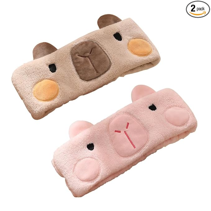 PERFECTSIGHT Kawaii Headband for Spa, Makeup, Washing Face, Party - 2 Pack Cute Hair Band for Shower Beauty Skincare, Soft Facial Headbands for Girls and Women (Brown+Pink Capybara)