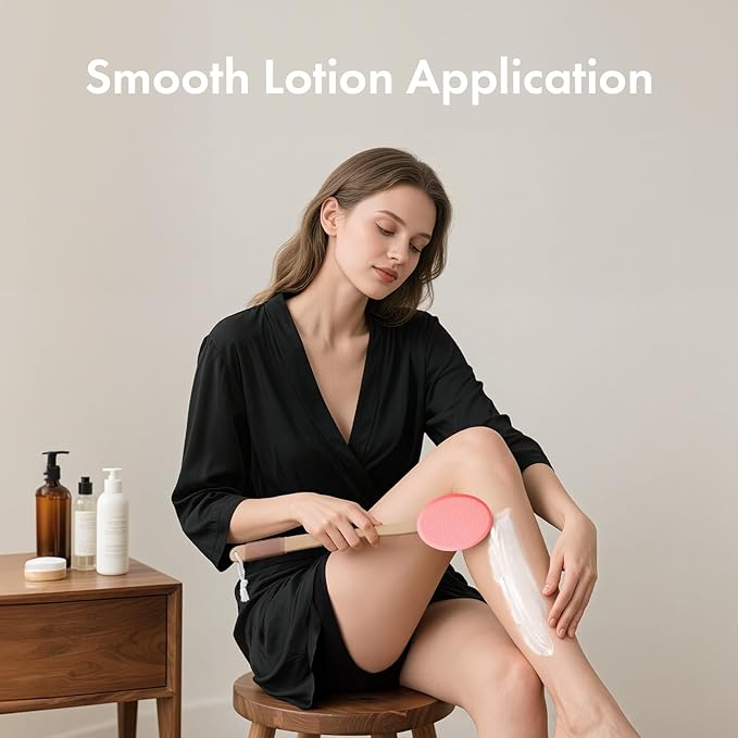 AmazerBath Lotion Applicator for Back, Feet, 4 Replacement Pads with 17" Curved Handle, Back Sunscreen Applicator for Kids, Elderly, Women, Apply Skin Cream Medicine Moisturizer Tanner, Apricot Red